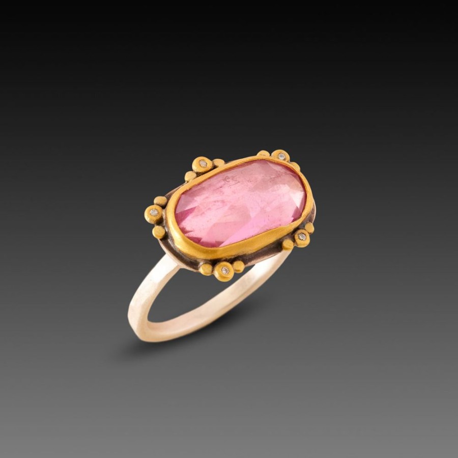 Rings Ananda Khalsa | Delicate Pink Tourmaline Ring With Diamond Trios