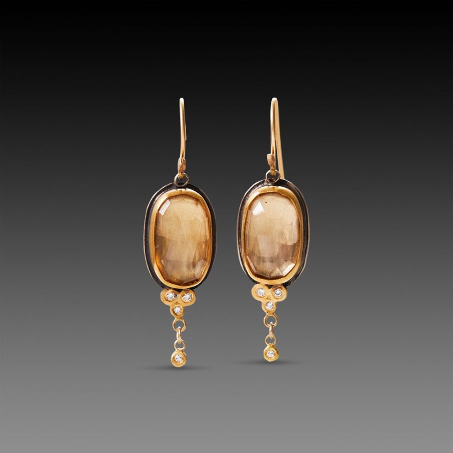 Earrings Ananda Khalsa | Champagne Quartz Earrings With Diamond Trios