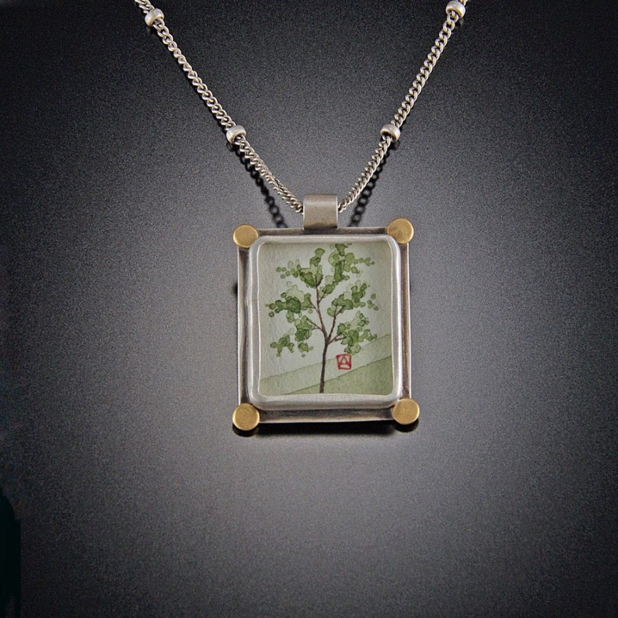 Hand Painted Jewelry Ananda Khalsa | Small Rectangle Spring Maple Necklace