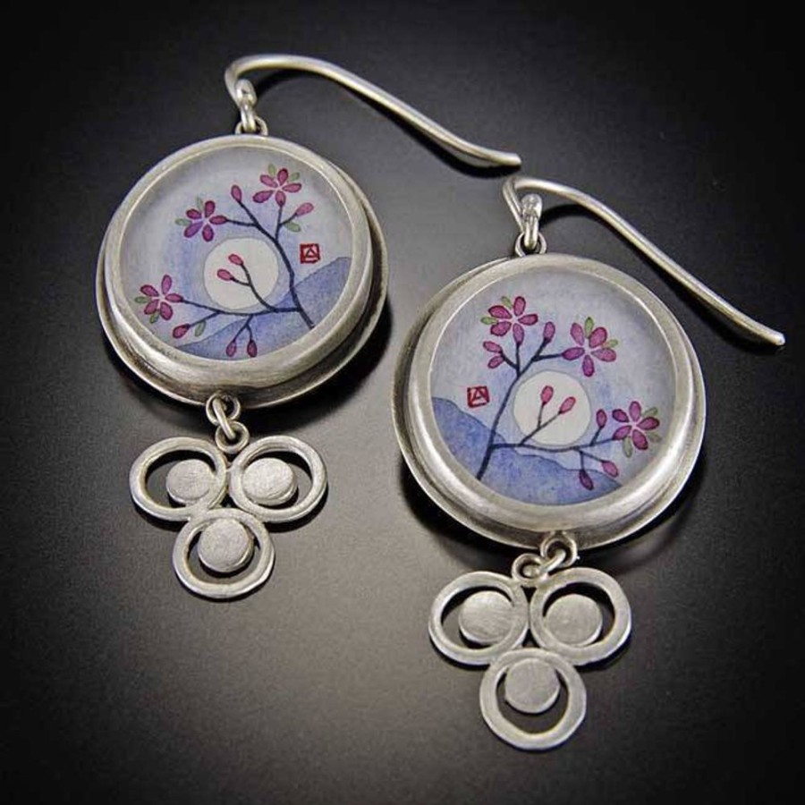 Hand Painted Jewelry Ananda Khalsa | Plum Blossom Earrings With Filigree Drops