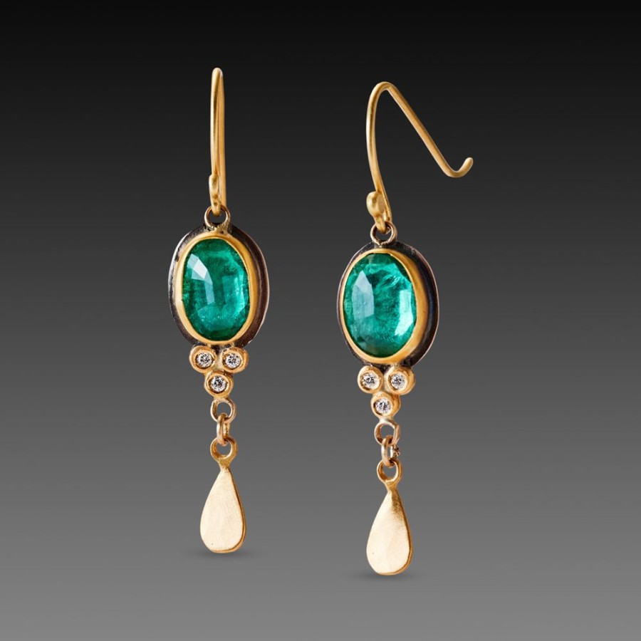 Earrings Ananda Khalsa | Emerald Earrings With Diamond Trios