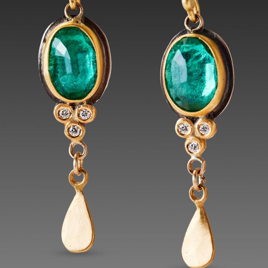 Earrings Ananda Khalsa | Emerald Earrings With Diamond Trios