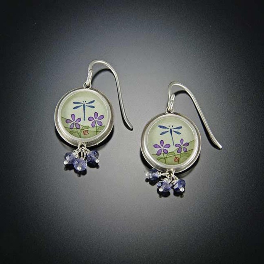 Earrings Ananda Khalsa | Small Round Dragonfly Earrings With Iolite Clusters