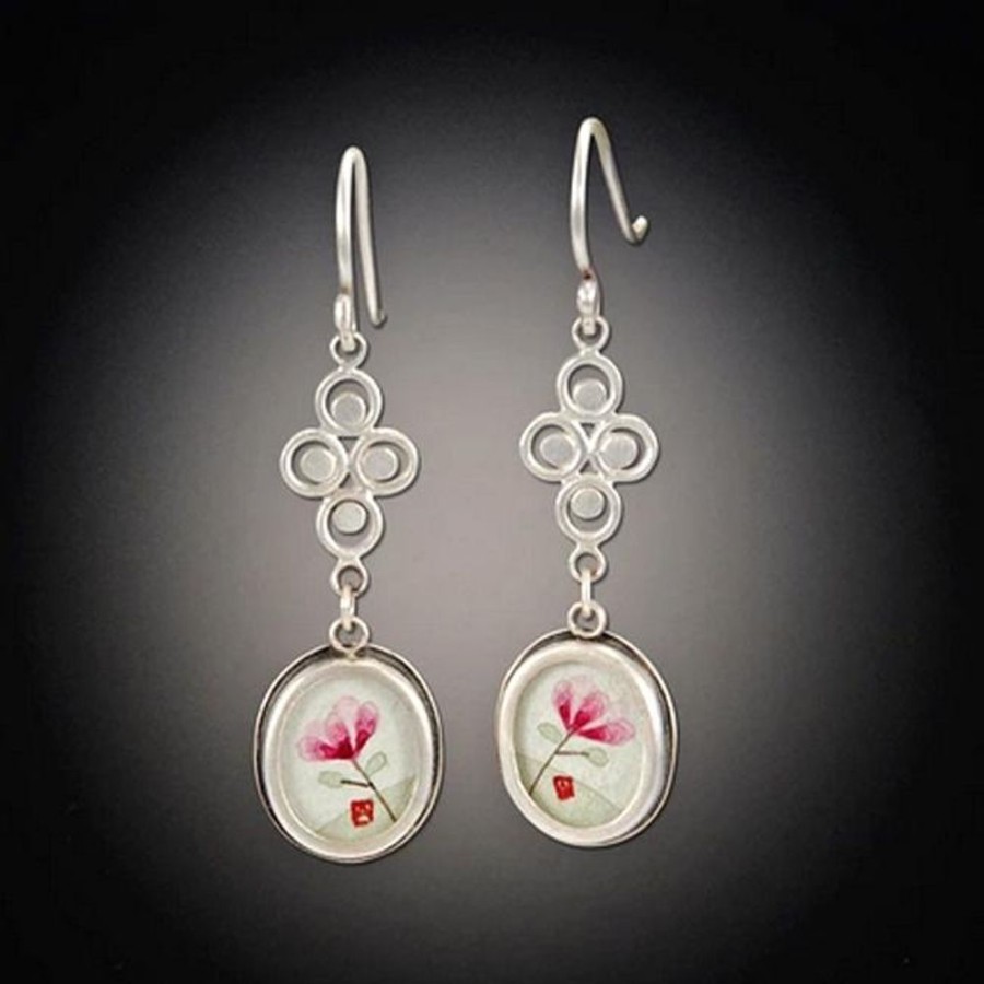 Hand Painted Jewelry Ananda Khalsa | Small Filigree Earrings With Tiny Oval Magnolia