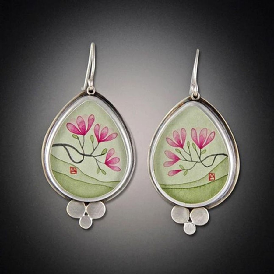 Hand Painted Jewelry Ananda Khalsa | Large Teardrop Magnolia Earrings