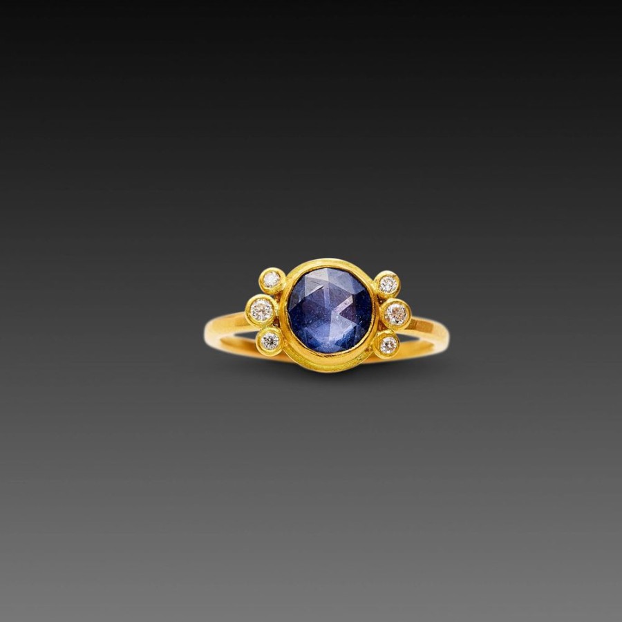 Rings Ananda Khalsa | Blue Sapphire Ring With Diamond Trios