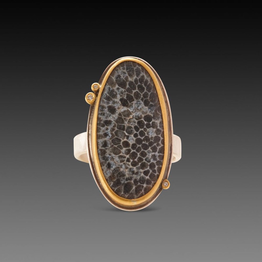 Rings Ananda Khalsa | Bryozoan Fossil Ring With Three Diamonds