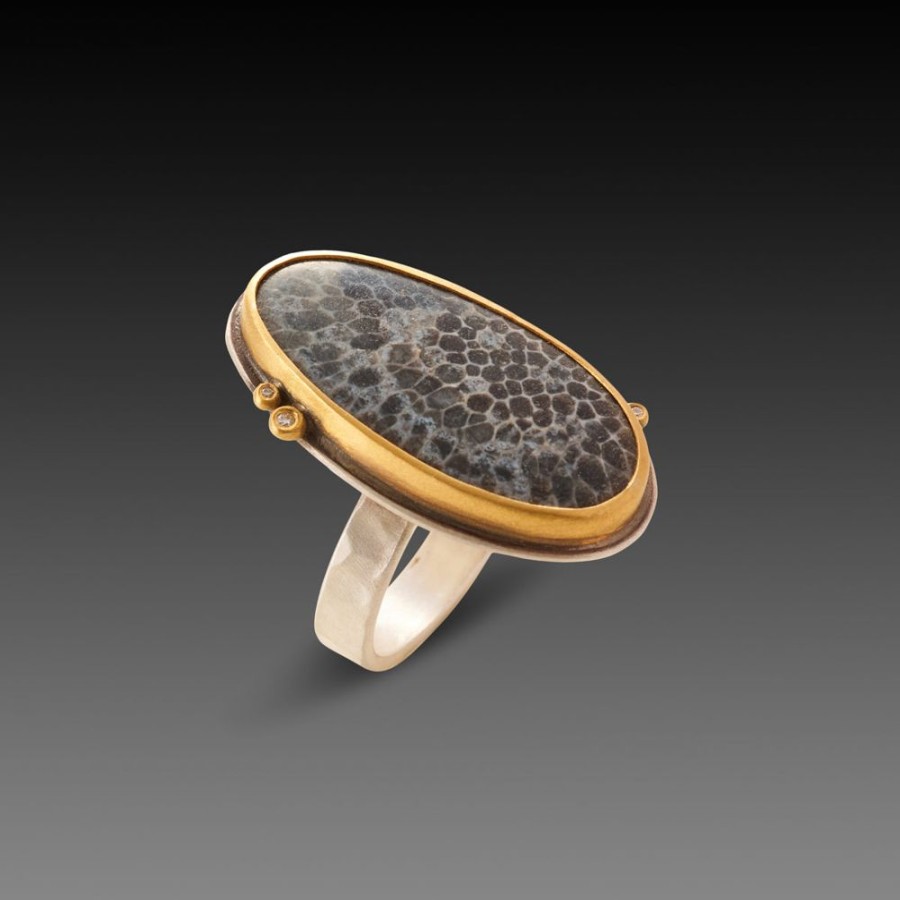 Rings Ananda Khalsa | Bryozoan Fossil Ring With Three Diamonds