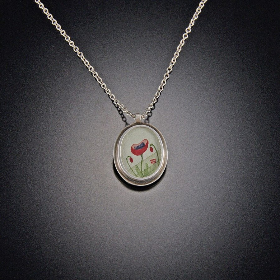 Hand Painted Jewelry Ananda Khalsa | Tiny Oval Poppy Necklace