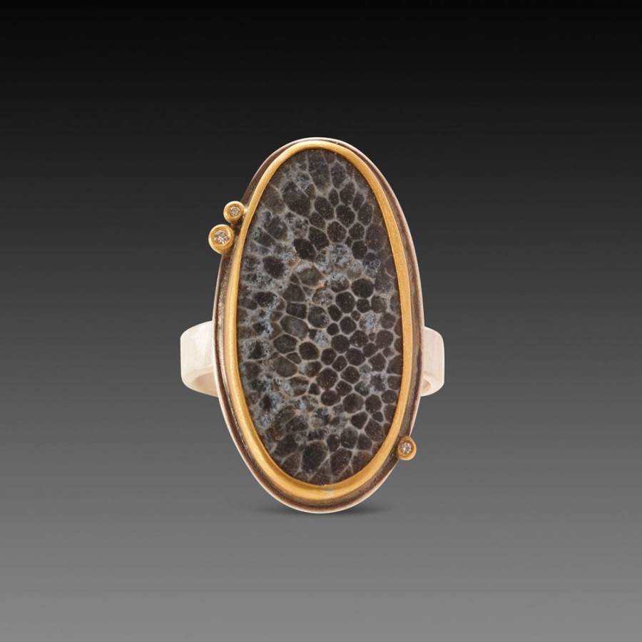 Rings Ananda Khalsa | Bryozoan Fossil Ring With Three Diamonds