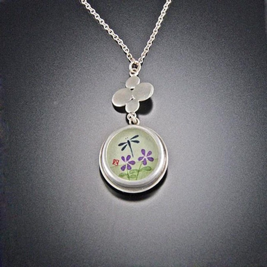 Hand Painted Jewelry Ananda Khalsa | Small Round Dragonfly Necklace With Charm