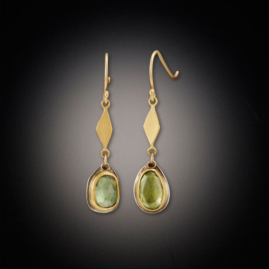 Earrings Ananda Khalsa | Small Diamond Leaf Earrings With Green Tourmaline