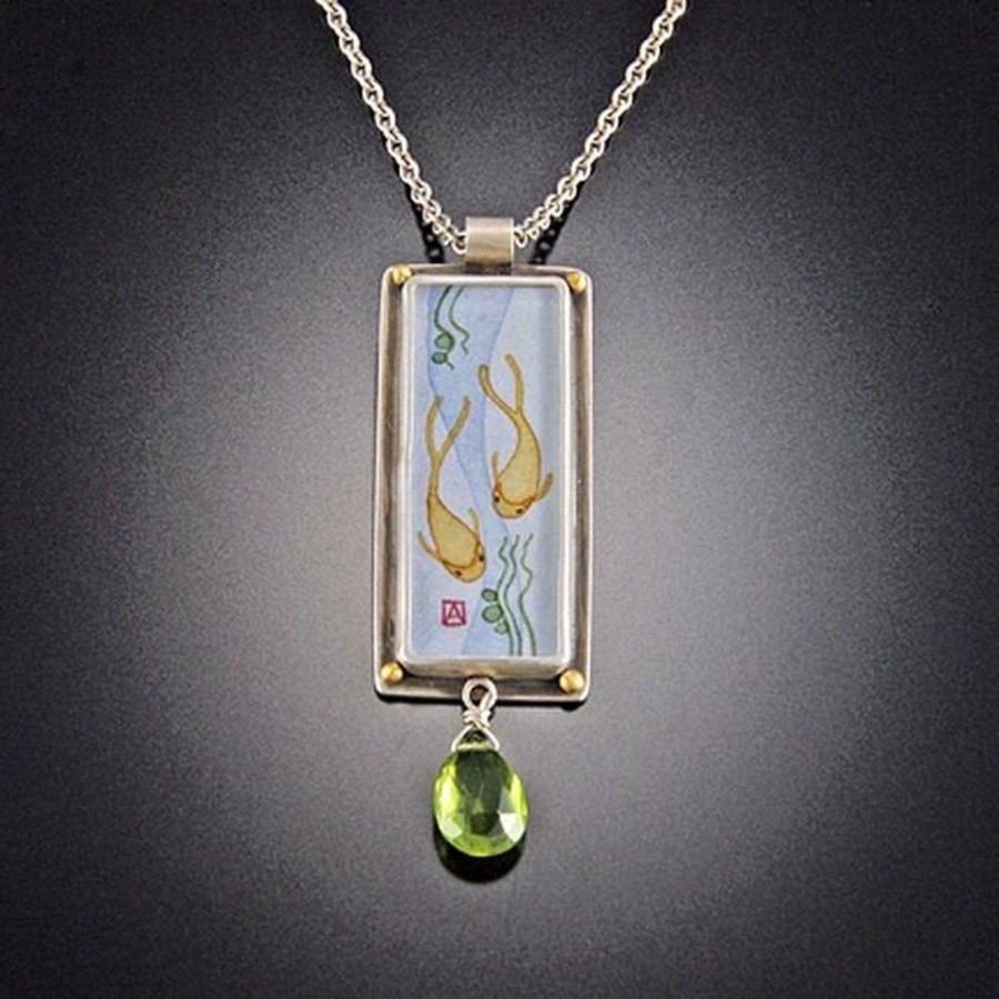 Hand Painted Jewelry Ananda Khalsa | Rectangular Koi Necklace With Peridot