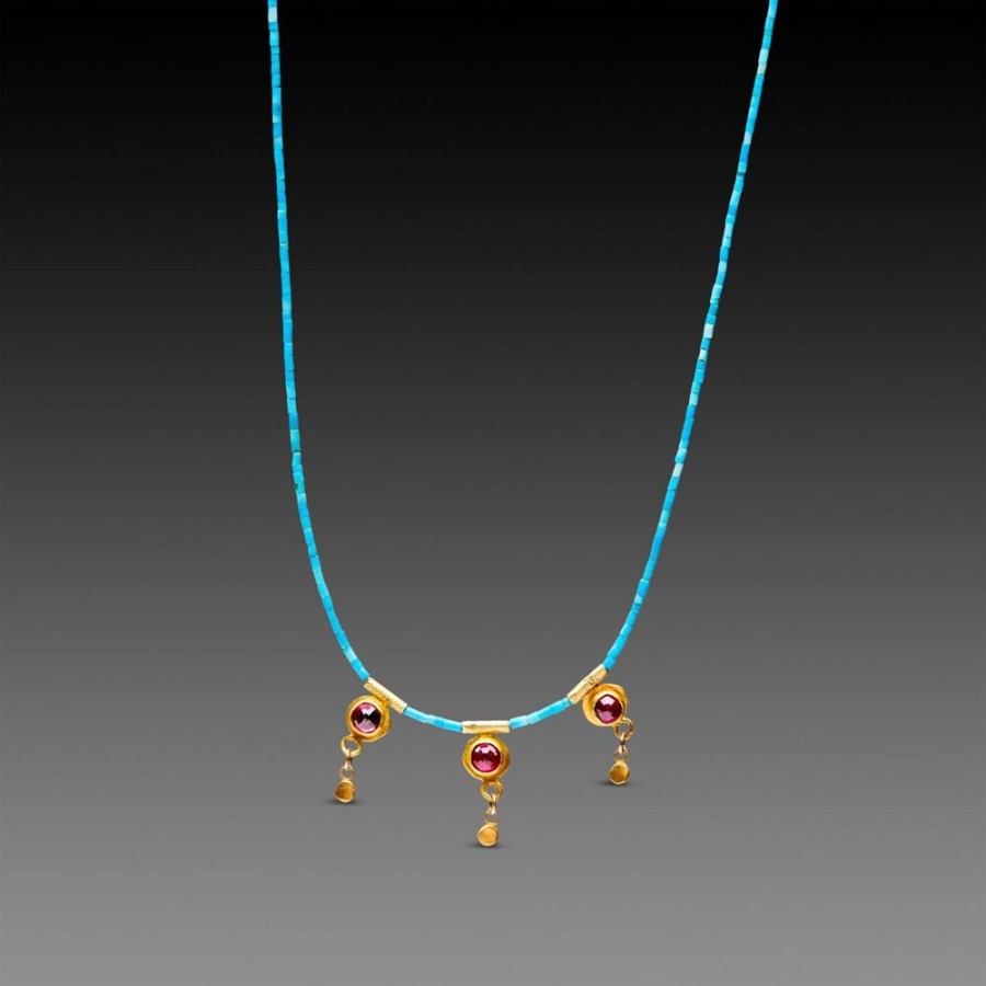 Necklaces Ananda Khalsa | Ruby Disk And Turquoise Beaded Necklace