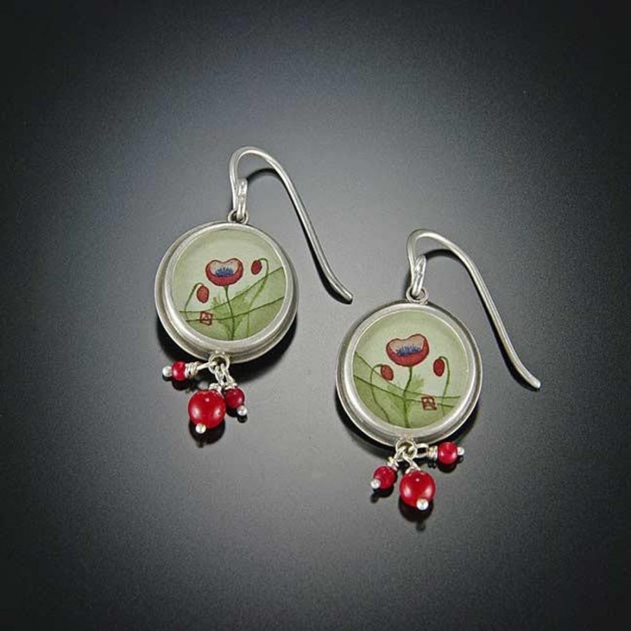 Hand Painted Jewelry Ananda Khalsa | Round Poppy Earrings With Coral