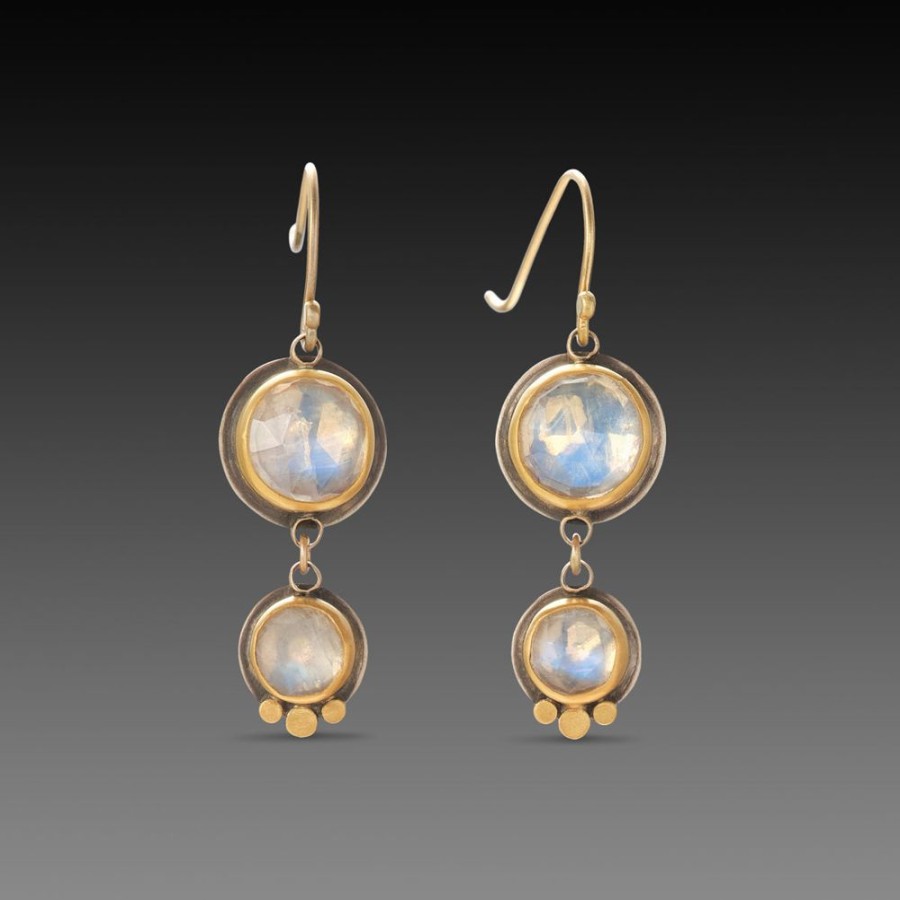 Earrings Ananda Khalsa | Double Moonstone Earrings With Gold Trios