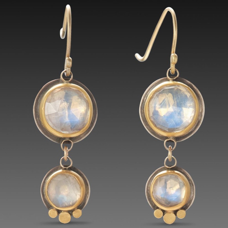 Earrings Ananda Khalsa | Double Moonstone Earrings With Gold Trios