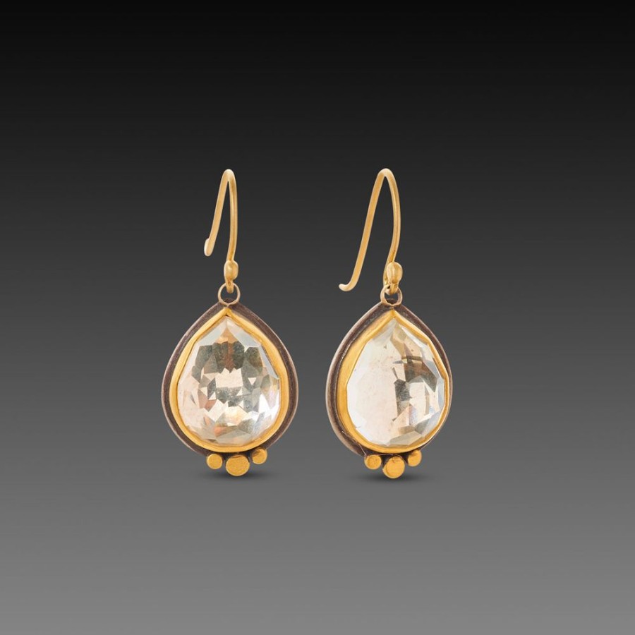 Earrings Ananda Khalsa | Clear Topaz Teardrop Earrings With 22K Gold Dots