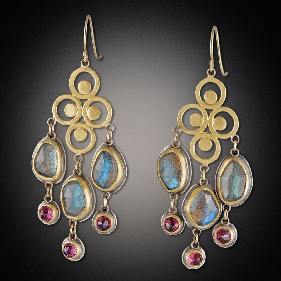 Earrings Ananda Khalsa | Rose Cut Labradorite And Garnet Quad Filigree Earrings