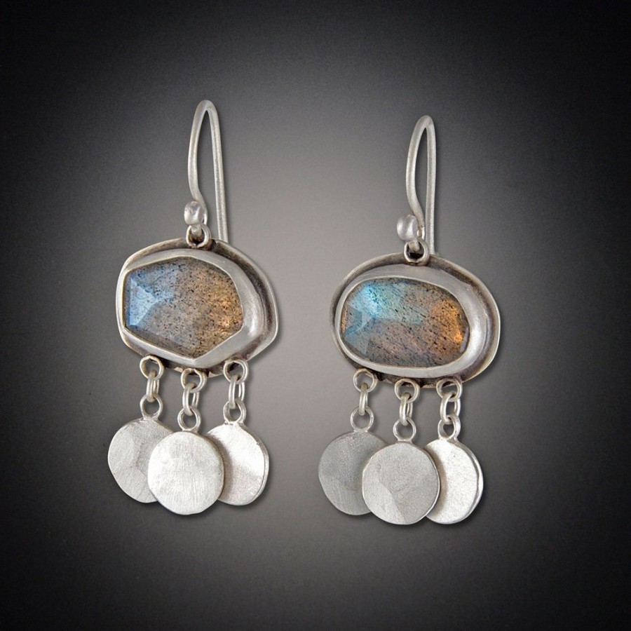 Earrings Ananda Khalsa | Labradorite Earrings With Hammered Disk Drops