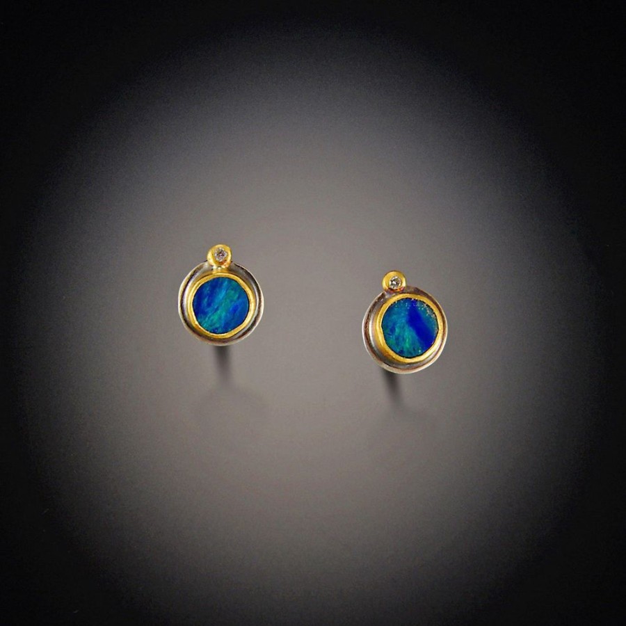 Earrings Ananda Khalsa | Tiny Australian Opal Stud Earrings With Diamonds