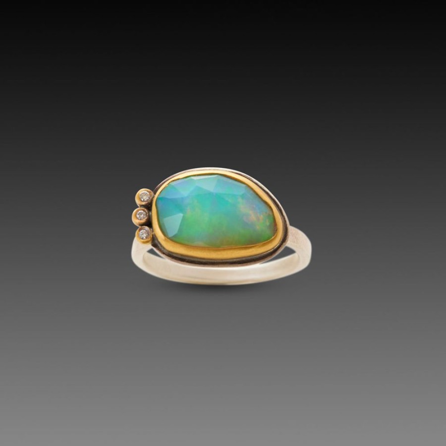 Rings Ananda Khalsa | Rose Cut Ethiopian Opal Ring With Three Diamonds