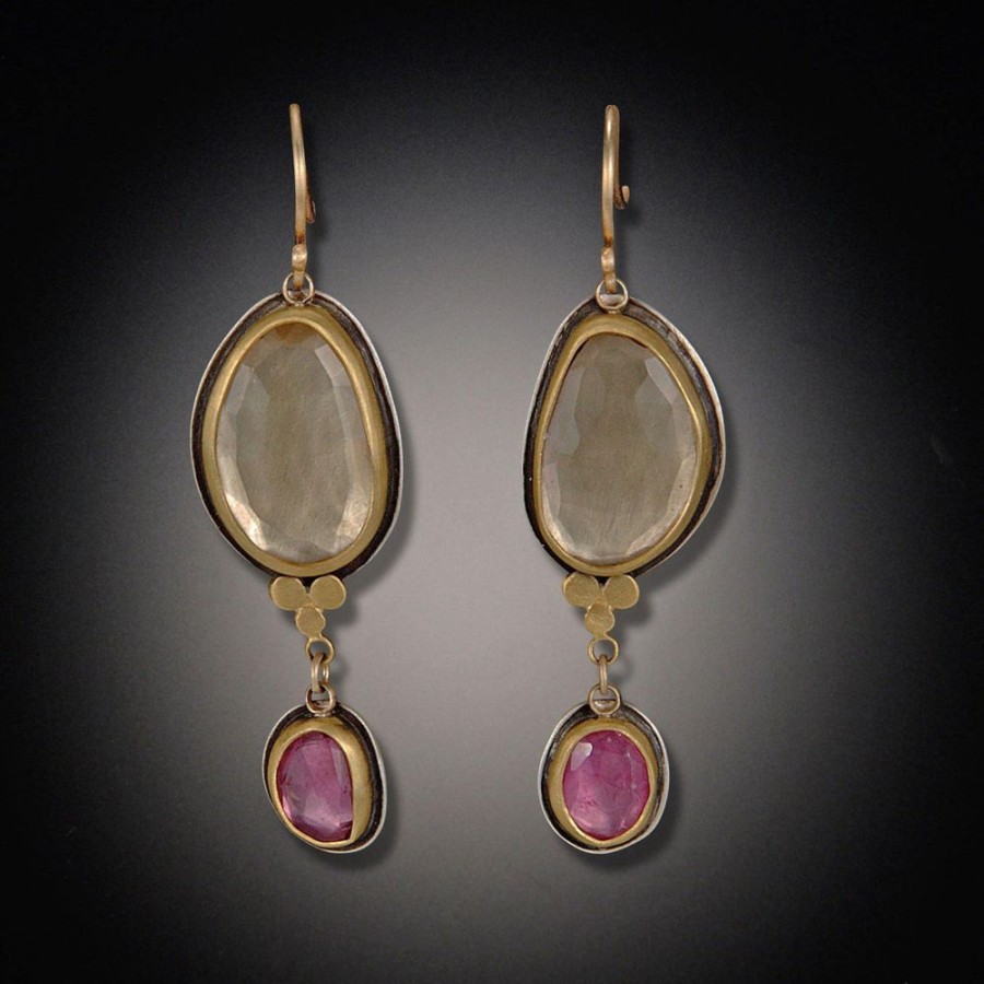 Earrings Ananda Khalsa | Rose Cut Champagne Quartz And Pink Sapphire Earrings