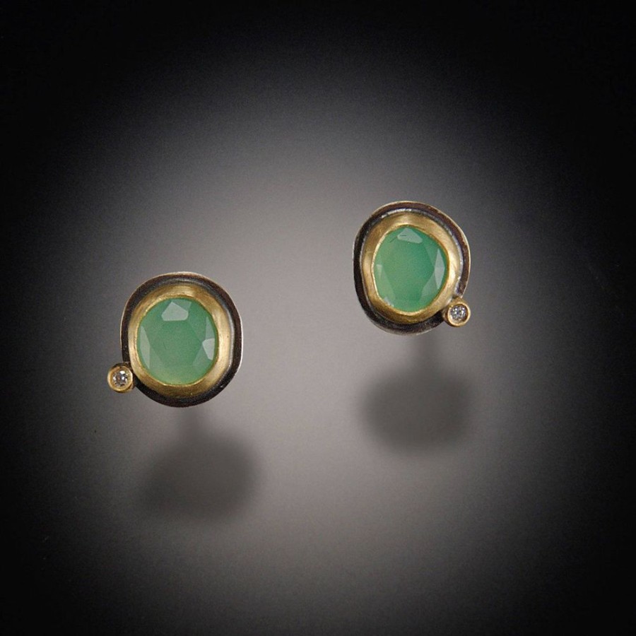 Earrings Ananda Khalsa | Chrysoprase Stud Earrings With Diamond Dot