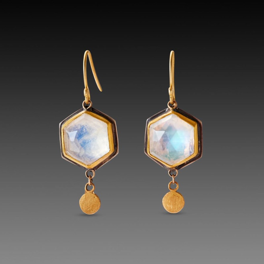 Earrings Ananda Khalsa | Hexagon Moonstone Earrings With Gold Drops