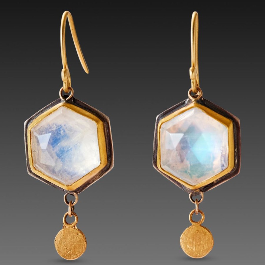 Earrings Ananda Khalsa | Hexagon Moonstone Earrings With Gold Drops