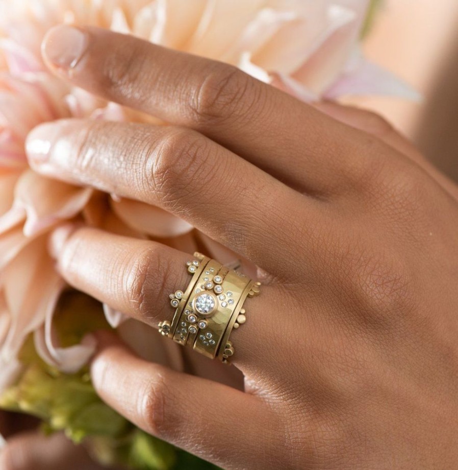 Rings Ananda Khalsa | Hammered Cluster Band With Diamonds