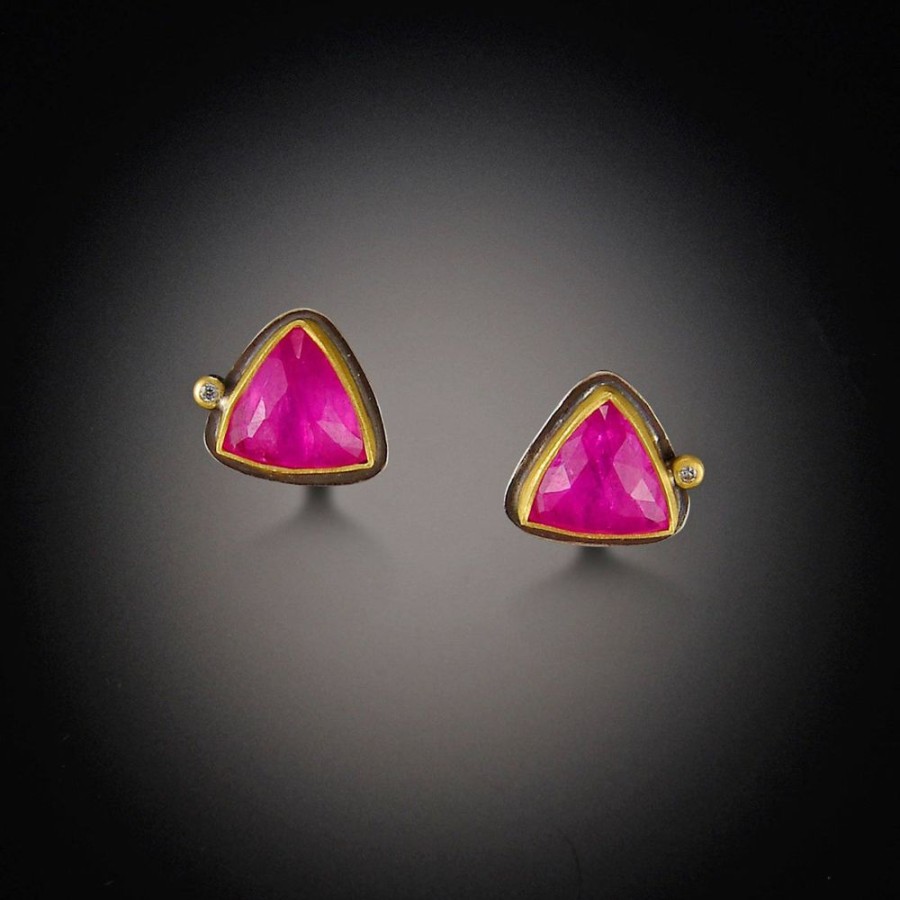 Earrings Ananda Khalsa | Trillion Rose Cut Pink Sapphire Stud Earrings With Diamond Dot