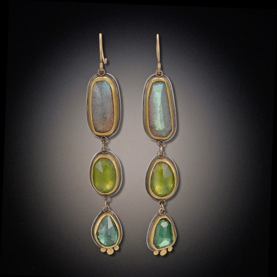 Earrings Ananda Khalsa | Rose Cut Labradorite, Vesuvianite And Green Tourmaline Earrings