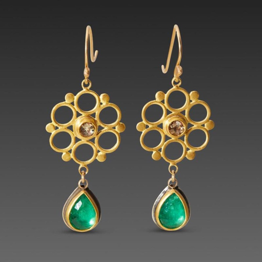 Earrings Ananda Khalsa | Mandala Earrings With Center Diamond And Emerald Drops