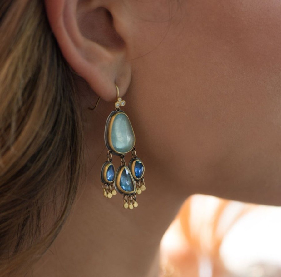 Earrings Ananda Khalsa | Aquamarine And Sapphire Chandelier Earrings