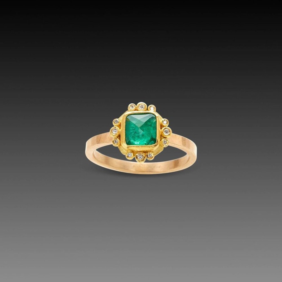 Rings Ananda Khalsa | Square Emerald Ring With Diamond Trios