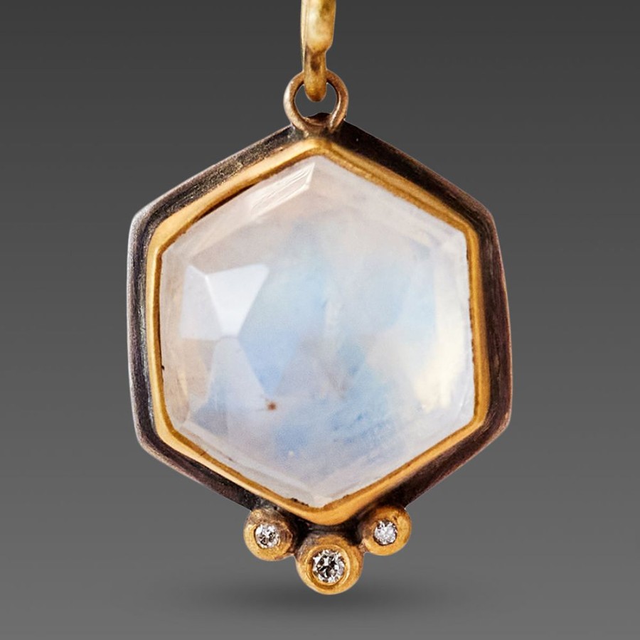 Earrings Ananda Khalsa | Hexagon Moonstone Earrings With Diamond Trios