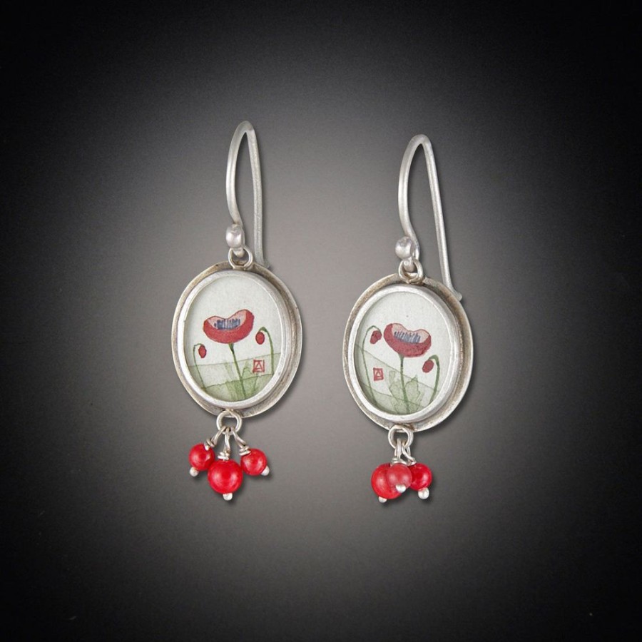 Earrings Ananda Khalsa | Tiny Oval Poppy Earrings With Coral