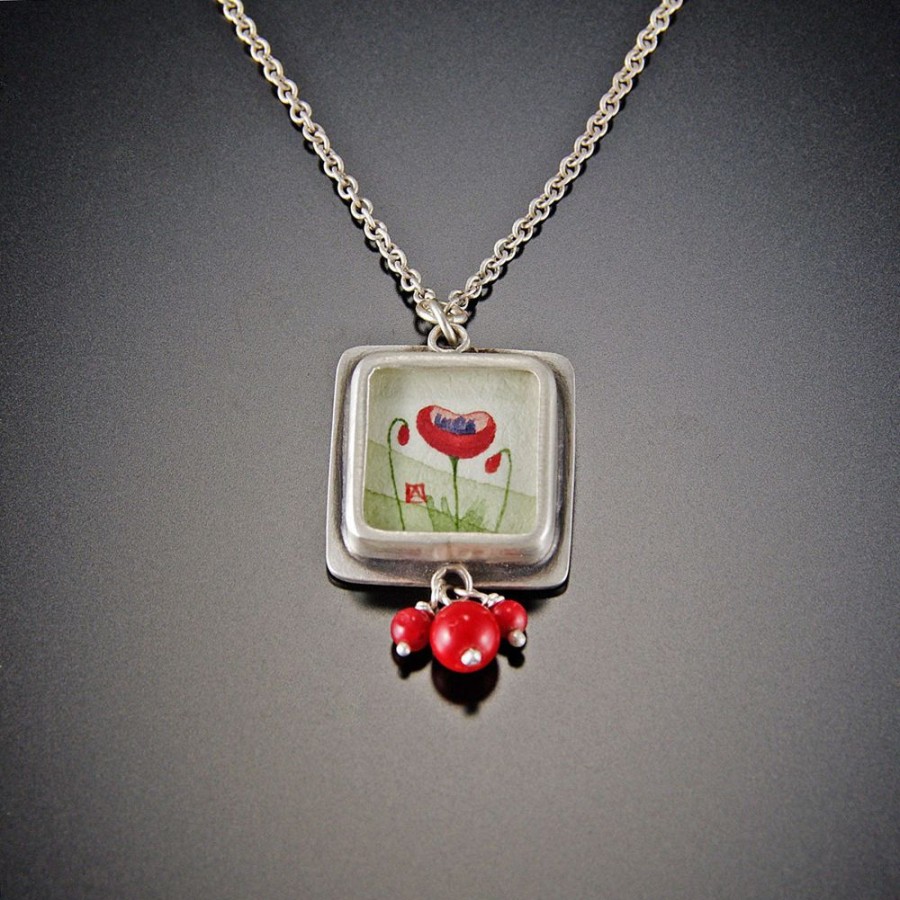 Necklaces Ananda Khalsa | Tiny Square Poppy Necklace With Coral