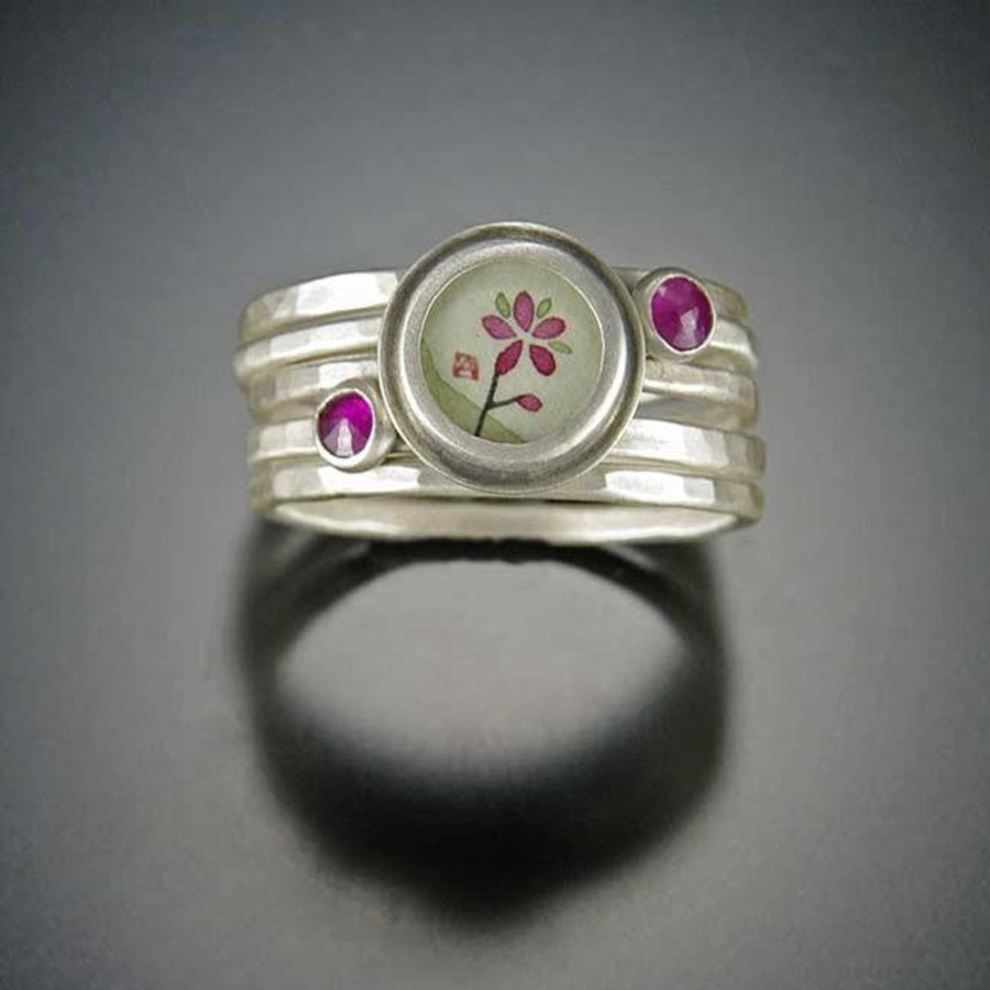 Hand Painted Jewelry Ananda Khalsa | Plum Blossom And Ruby Stacking Ring Set