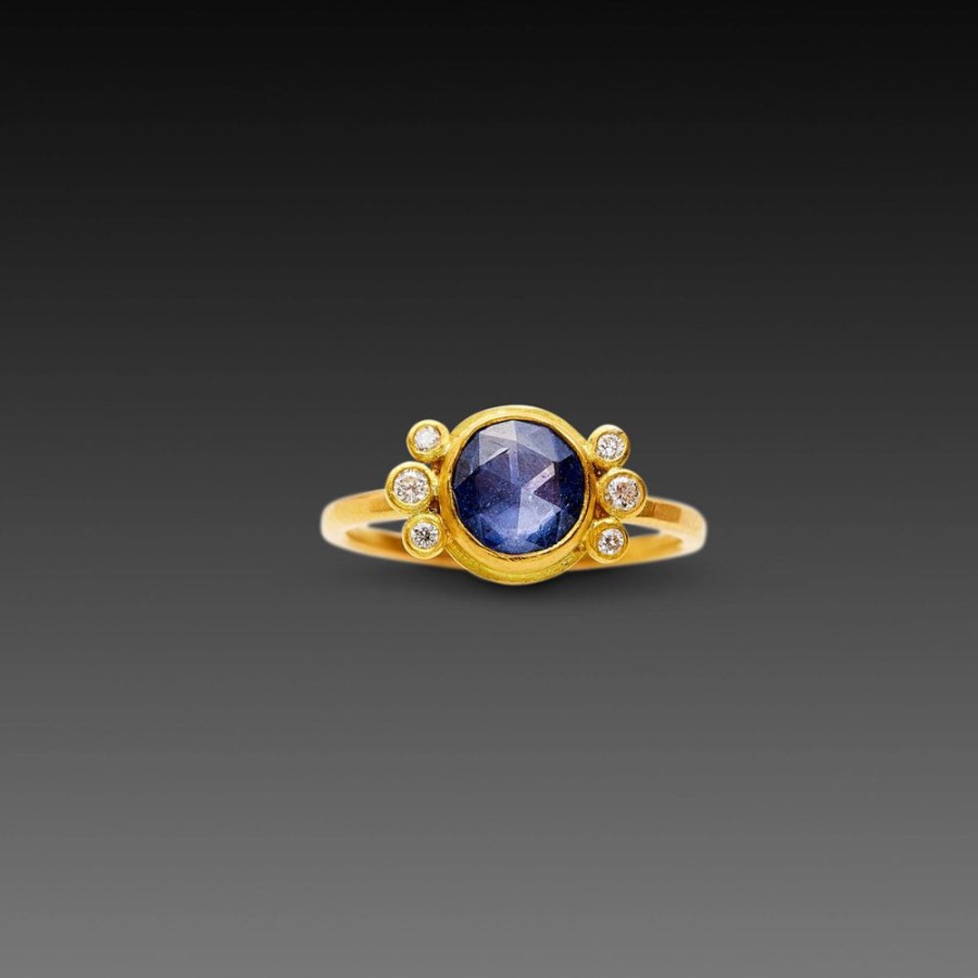 Rings Ananda Khalsa | Blue Sapphire Ring With Diamond Trios