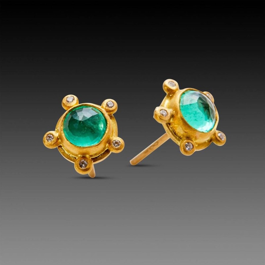 Earrings Ananda Khalsa | Emerald Stud Earrings With Diamonds