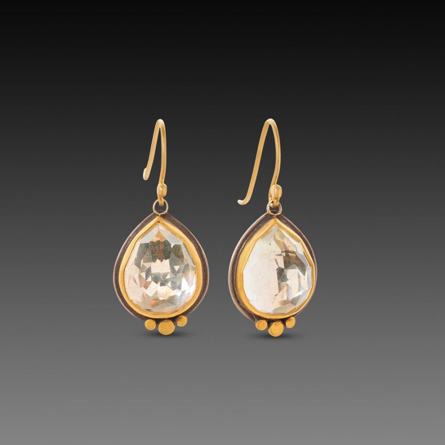 Earrings Ananda Khalsa | Clear Topaz Teardrop Earrings With 22K Gold Dots