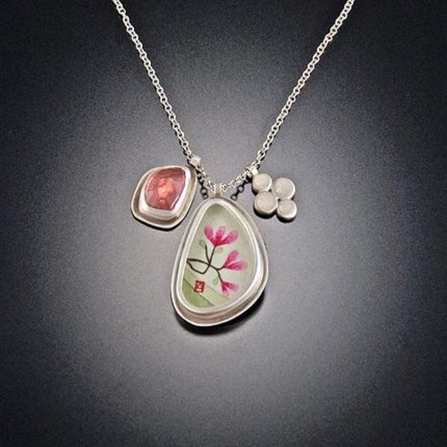 Necklaces Ananda Khalsa | Narrow Organic Magnolia Charm Necklace With Pink Tourmaline