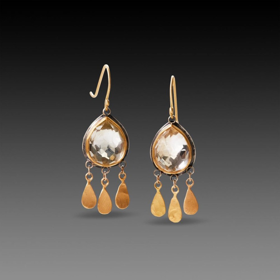 Earrings Ananda Khalsa | Clear Topaz Teardrop Earrings With 22K Gold Fringe