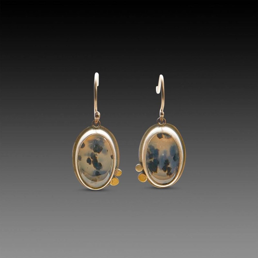 Earrings Ananda Khalsa | Moss Agate Earrings With Gold Dots