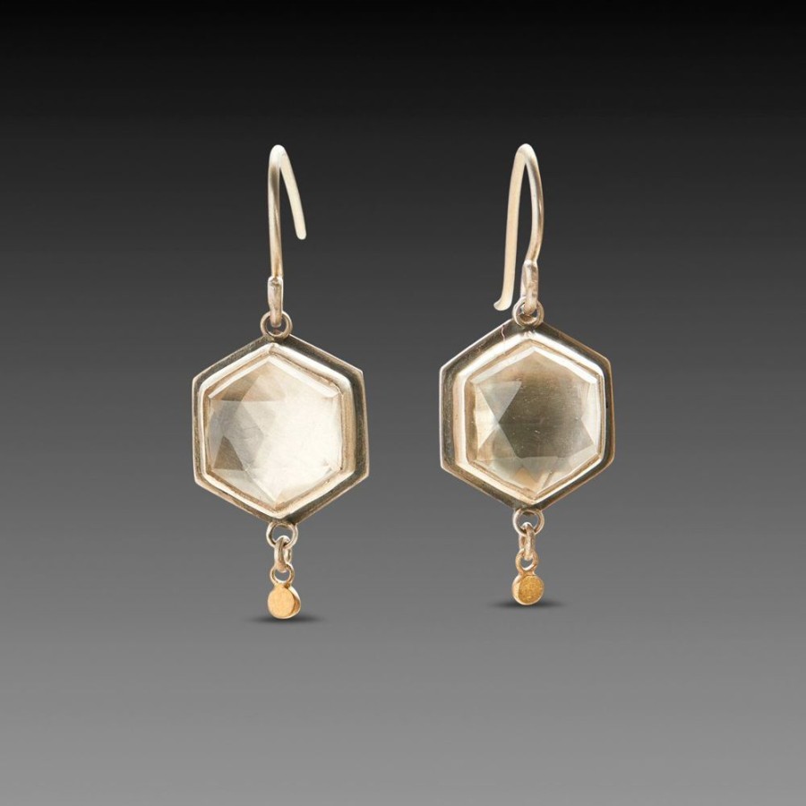 Earrings Ananda Khalsa | Geometric Clear Topaz Earrings With Round Gold Drops