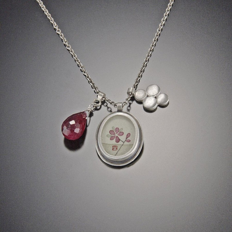 Hand Painted Jewelry Ananda Khalsa | Plum Blossom Charm Necklace With Ruby Teardrop