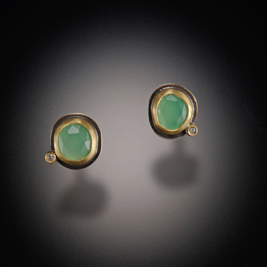 Earrings Ananda Khalsa | Chrysoprase Stud Earrings With Diamond Dot