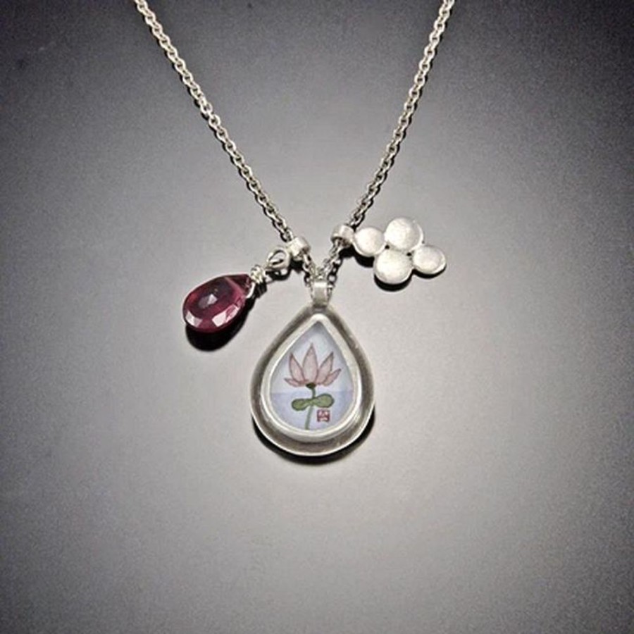 Hand Painted Jewelry Ananda Khalsa | Lotus Charm Necklace With Pink Tourmaline Teardrop